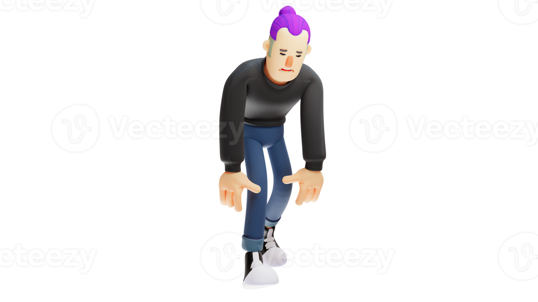 3D illustration. Stylish Youth 3d cartoon character. Handsome young man looking tired. Man walking bent over. Sleepy young man. 3D cartoon character png