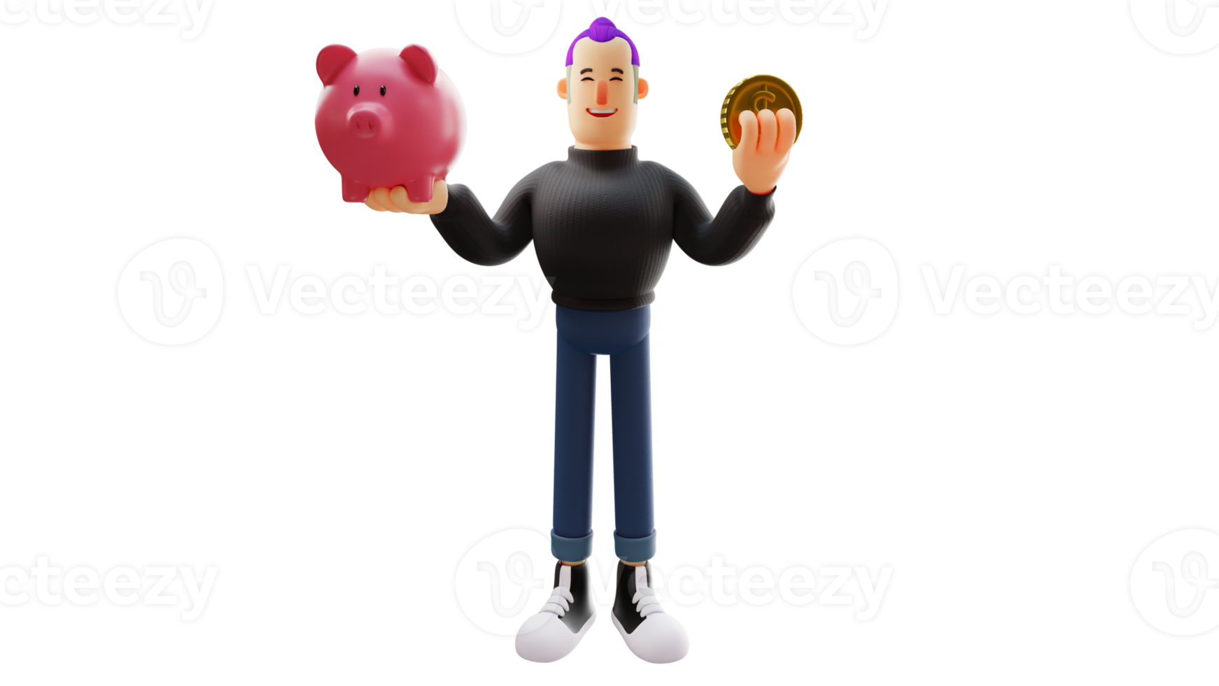 Free 3D illustration. Diligent young man 3D cartoon character. Stylish  young man diligently saving. Hard worker holding saving pig shape and gold  coins. Rich man who diligently saves. 3D cartoon character 19895788