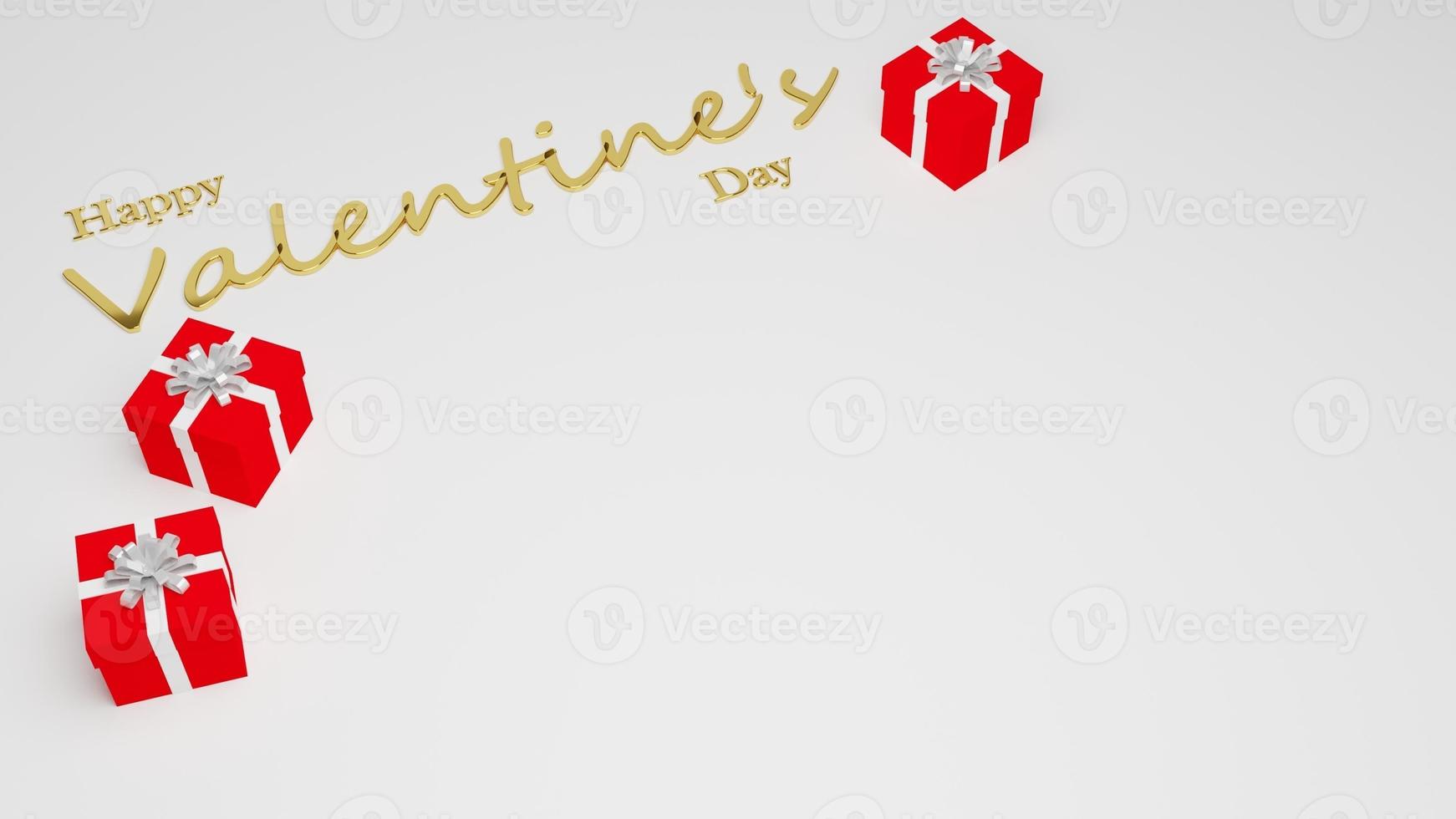Valentine's day background with gift boxes. 3D rendering, red gift box, golden text, white background. photo