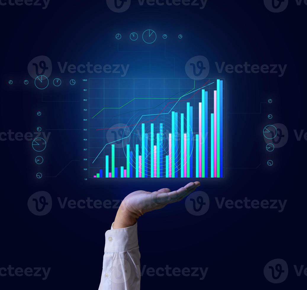 growing graph on a holographic grid and a man's hand. Business performance growth, high profitability, success photo