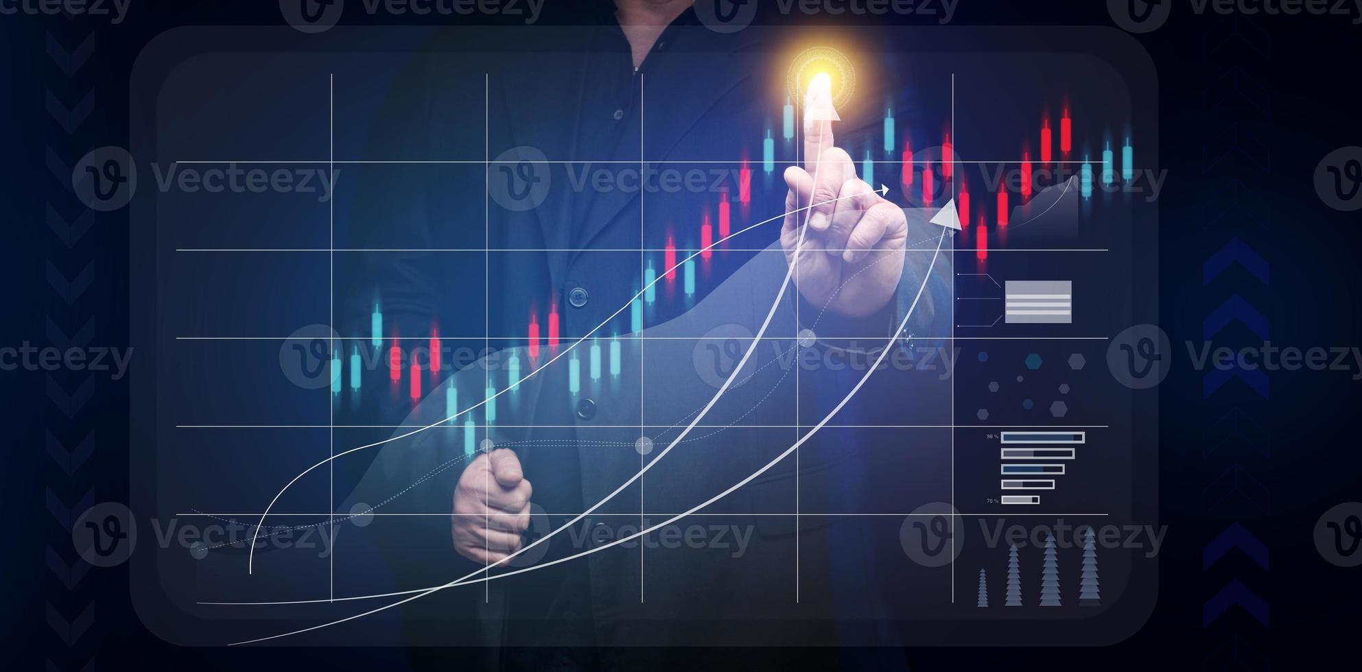 man in a black shirt stands in front of a holographic graph with growing indicators. Business growth, sales increase. High performance photo