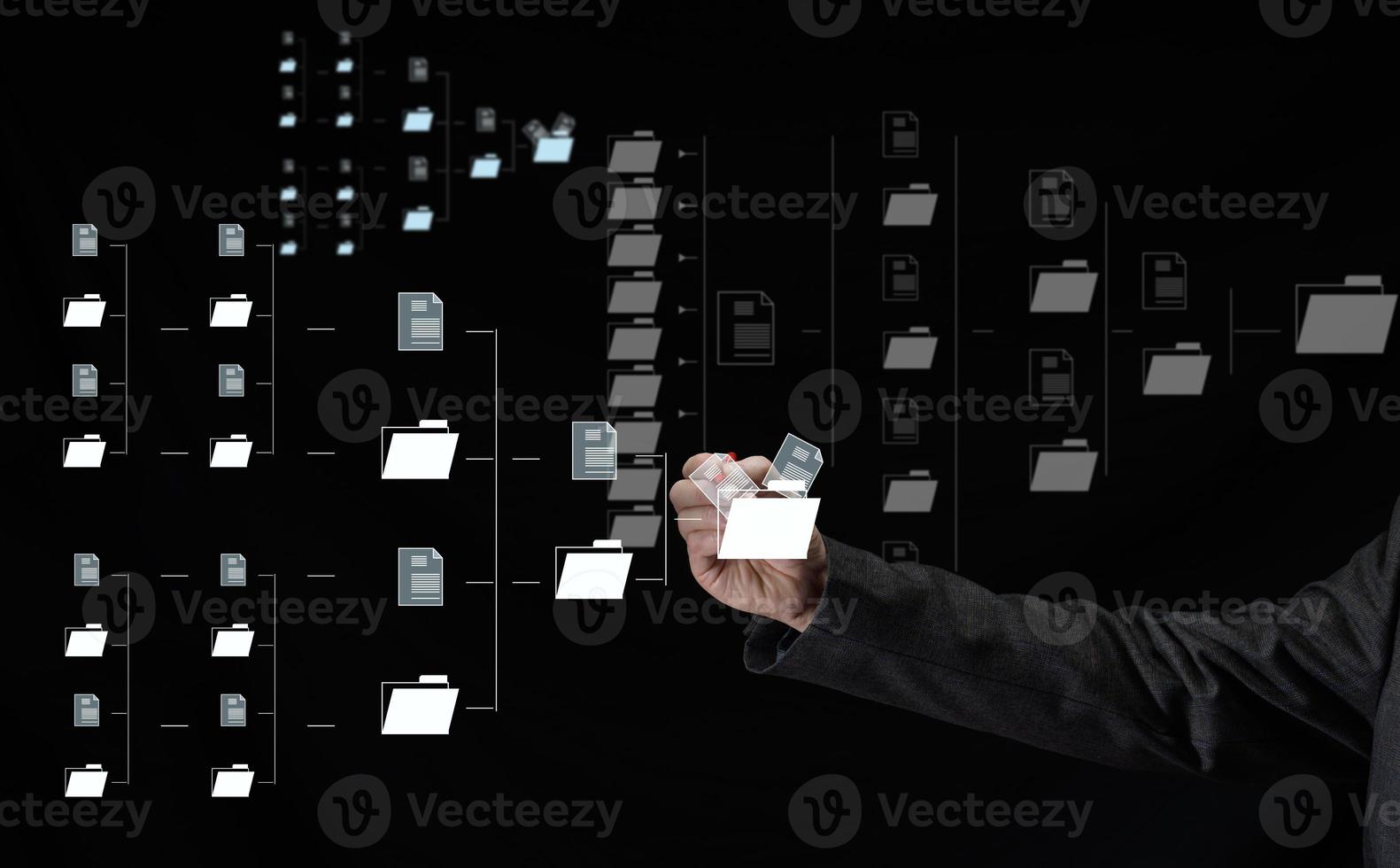 Scheme of automation of electronic document management and male hand. Transfer and archiving of documents photo