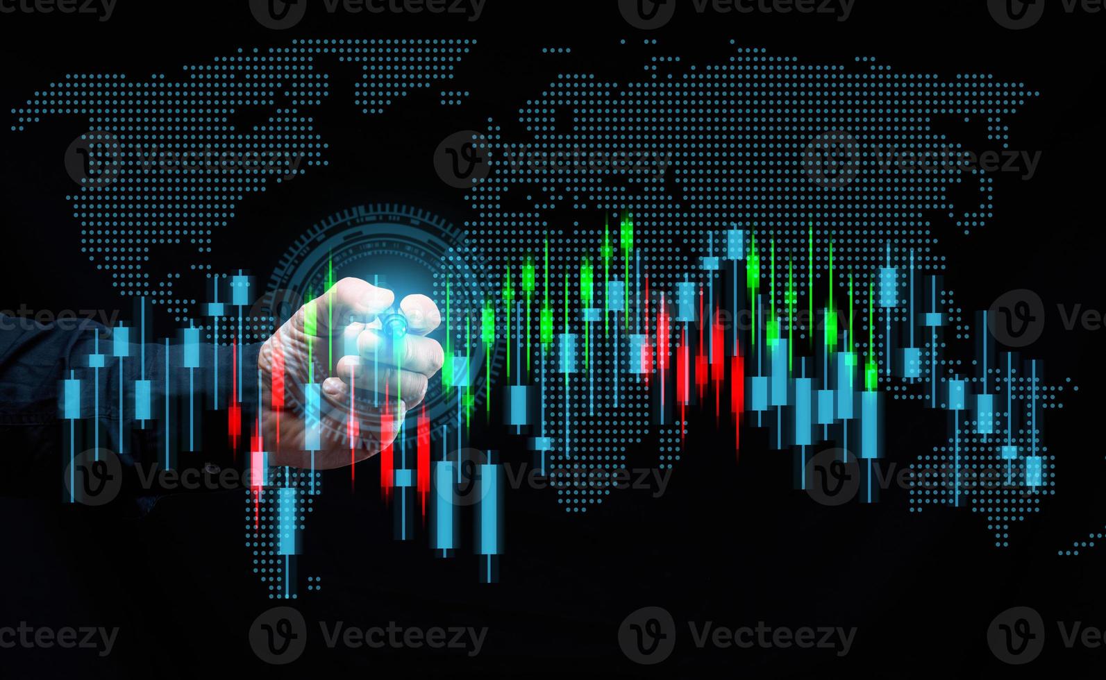 man in a black shirt stands in front of a holographic graph with growing indicators. Business growth, sales increase. High performance photo