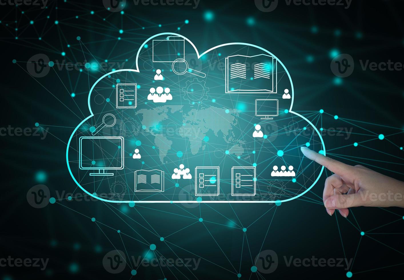 Cloud data storage and businessman's hand. Information exchange and secure data storage. Cloud server and high technology photo