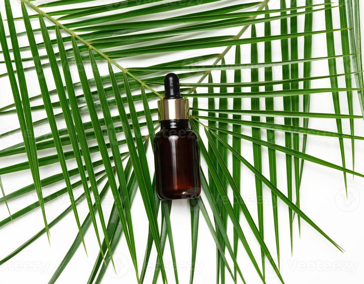 brown glass bottle with a pipette lies on green leaves of a palm tree, white background. View from above photo