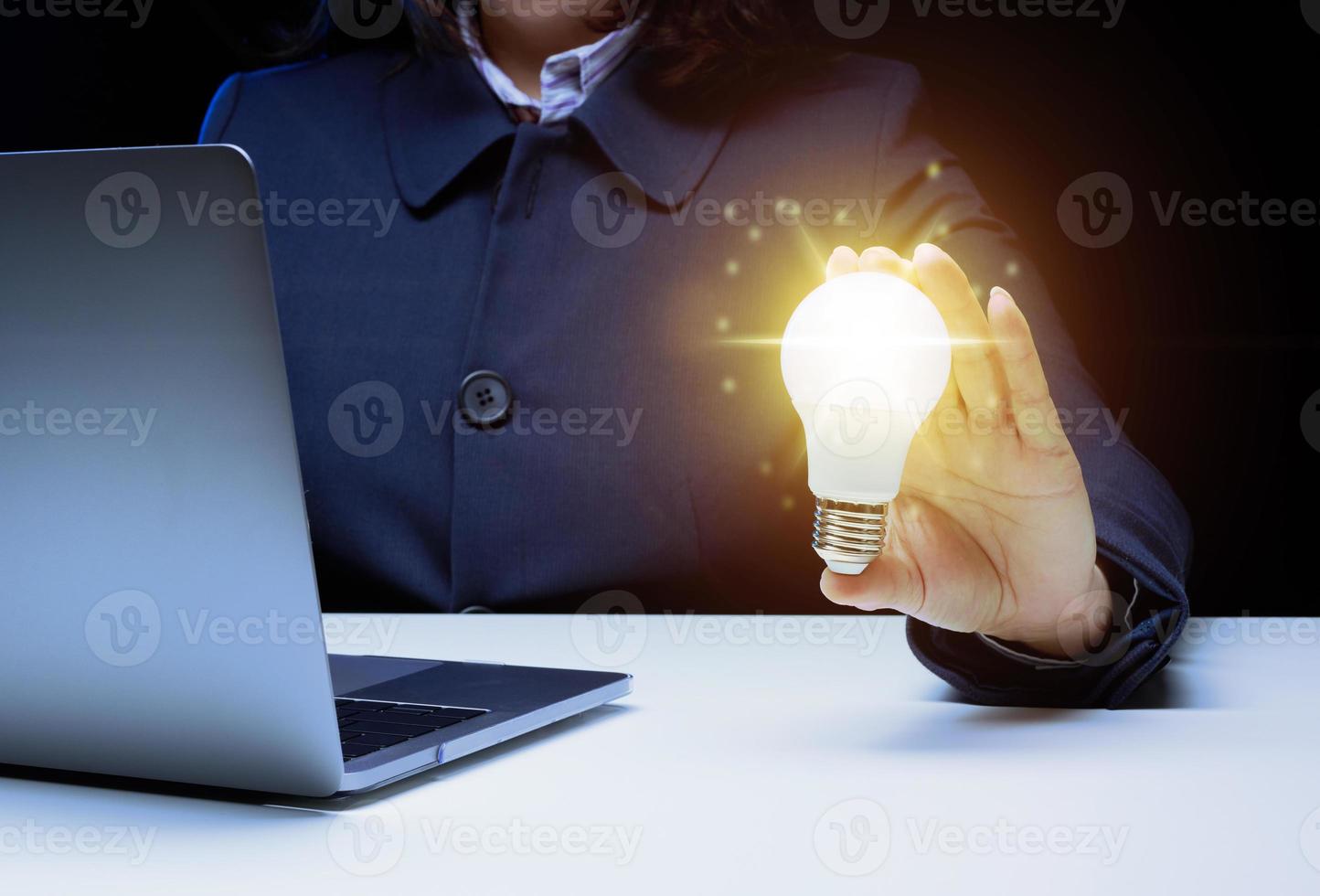 A woman's hand holds a light bulb, the concept of innovation through ideas and inspiration. Business development through the search for new areas of activity, optimization photo