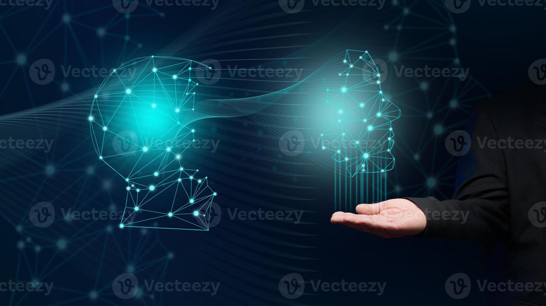 Artificial intelligence concept, robot training and technology development. Male hand under head hologram with connection photo
