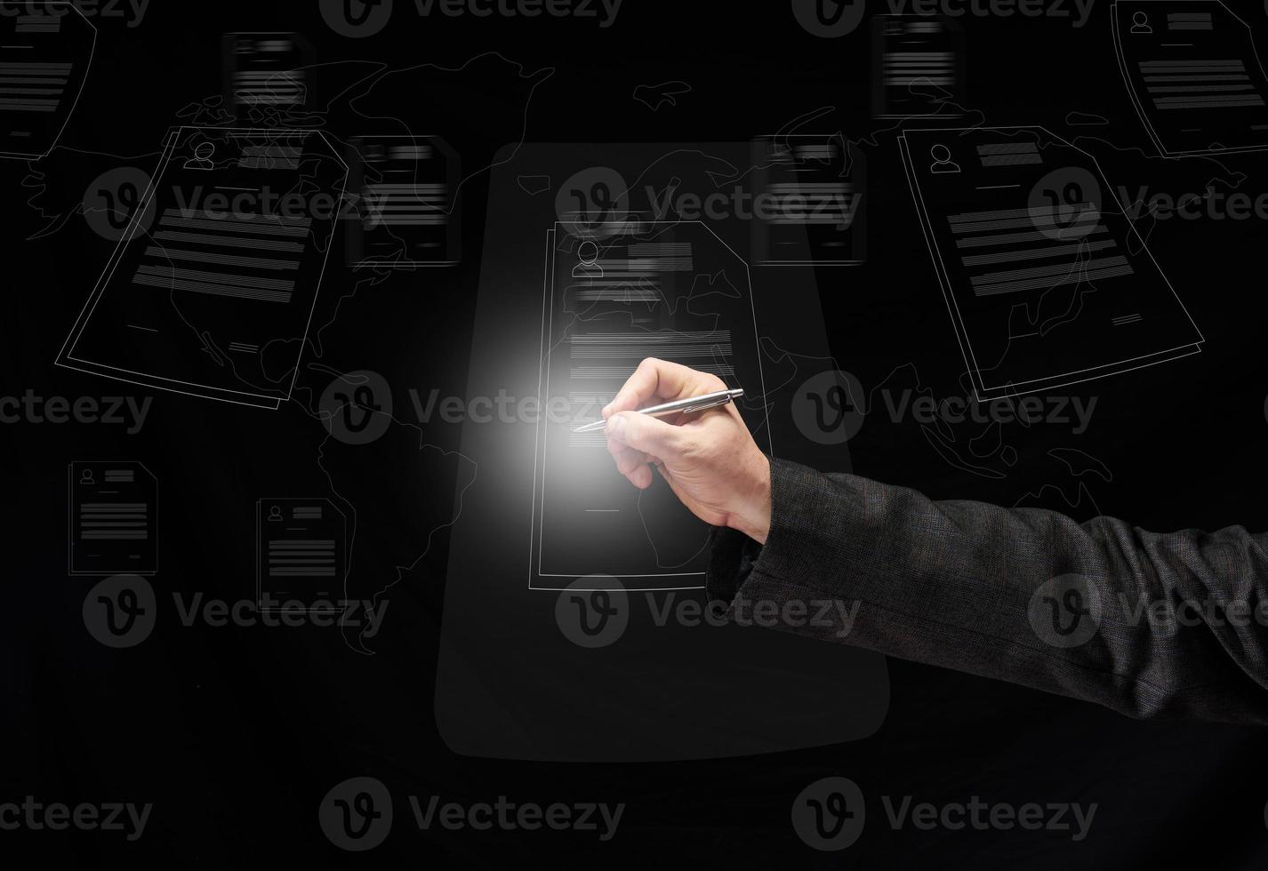 male hand holds a pen and documents on a virtual screen, remote signing, electronic signature photo