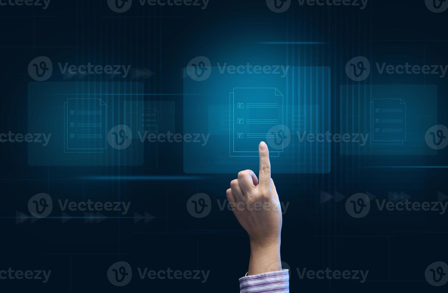 a female hand checks documents on a holographic screen. The concept of compliance control, documents with a mark photo