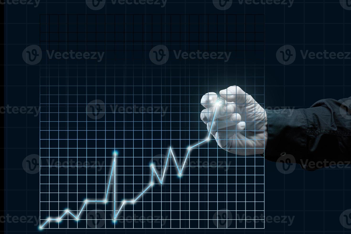 growing graph on a holographic grid and a man's hand. Business performance growth, high profitability, success photo