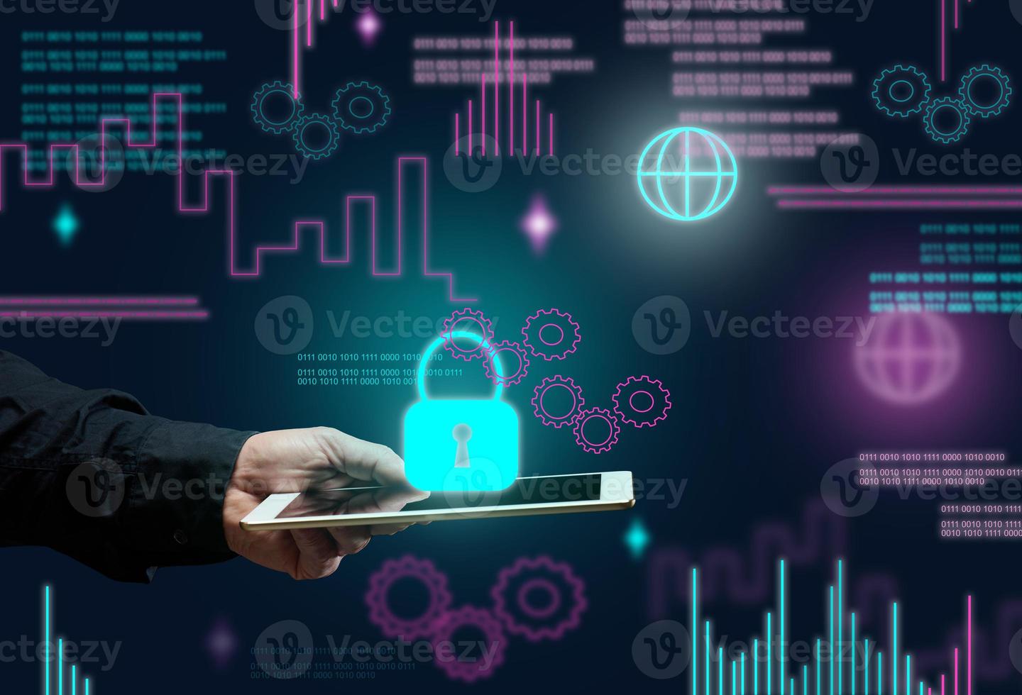 male hand holds an electronic tablet and a padlock sign on a dark background. Data protection concept, database hacking. Internet security photo