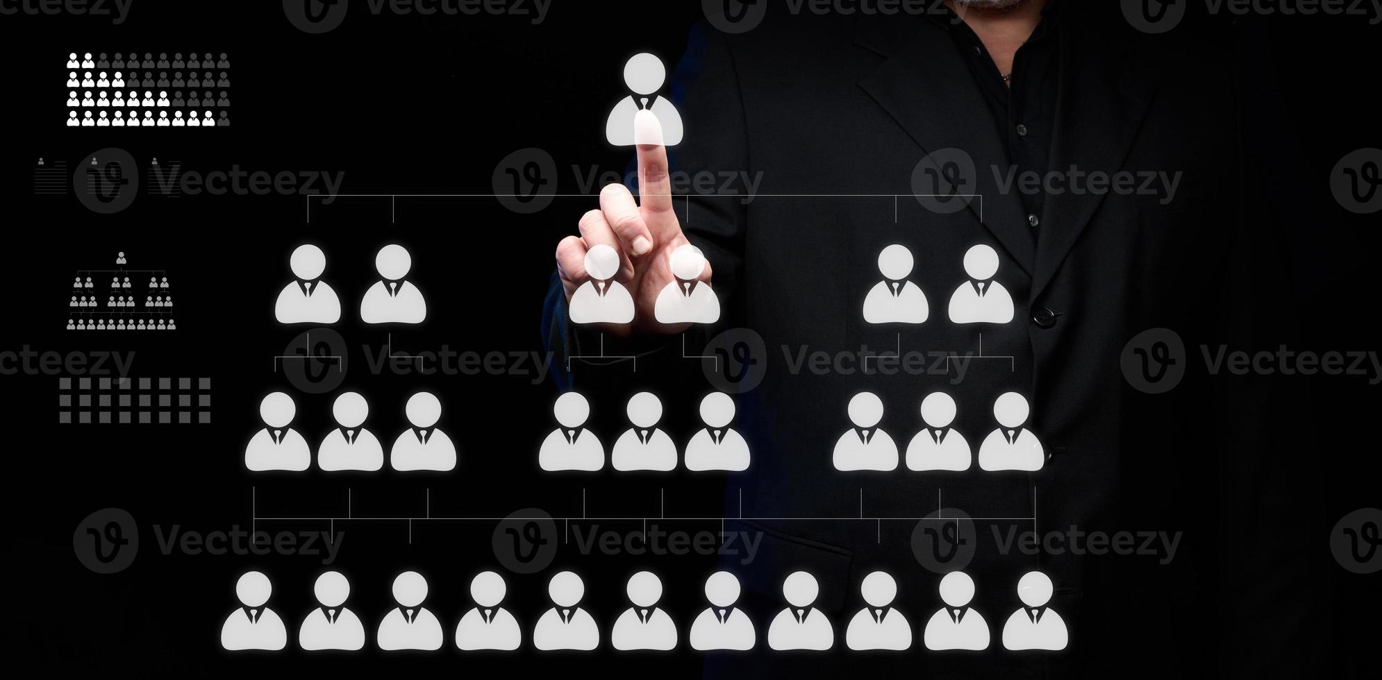 A businessman stands in front of a virtual hierarchy diagram in a company. Search for talented employees and staff support. Business subordination photo