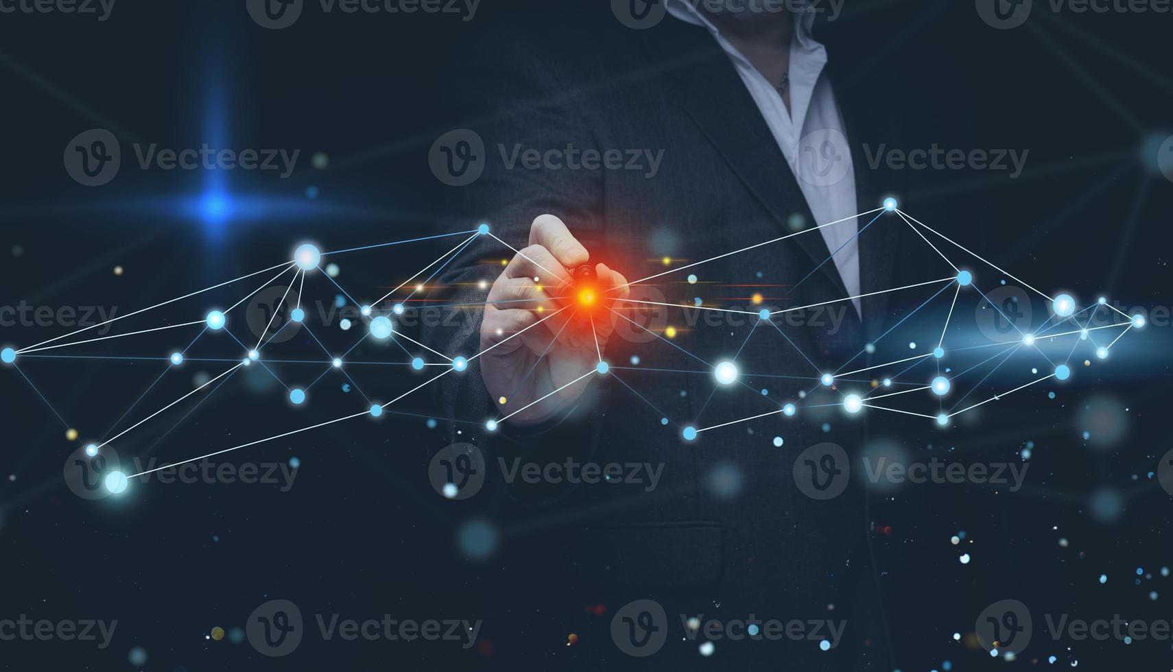 Businessman in suit and holographic global network with connections. Internet communications, wireless connection, distribution point photo