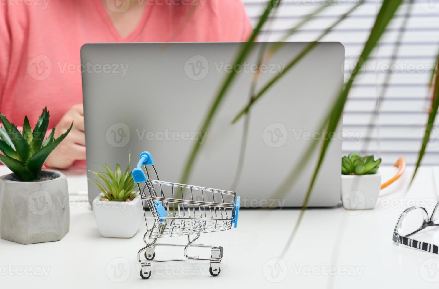 empty miniature shopping carts on white desk. Seasonal sale, online shopping photo