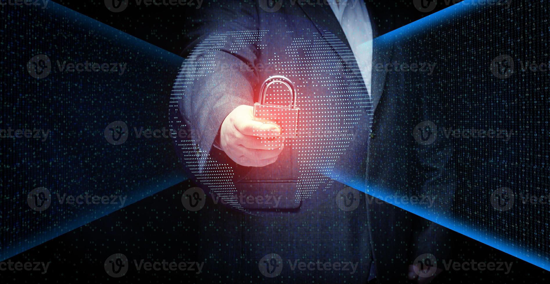 man with a metal lock stands in front of a virtual screen with a binary code. Data verification, device and network control. Data protection, search for information leakage photo