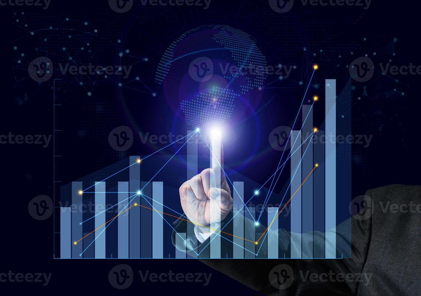 virtual hologram with charts and growing data. The man's hand touches. Concept of successful business, high income photo