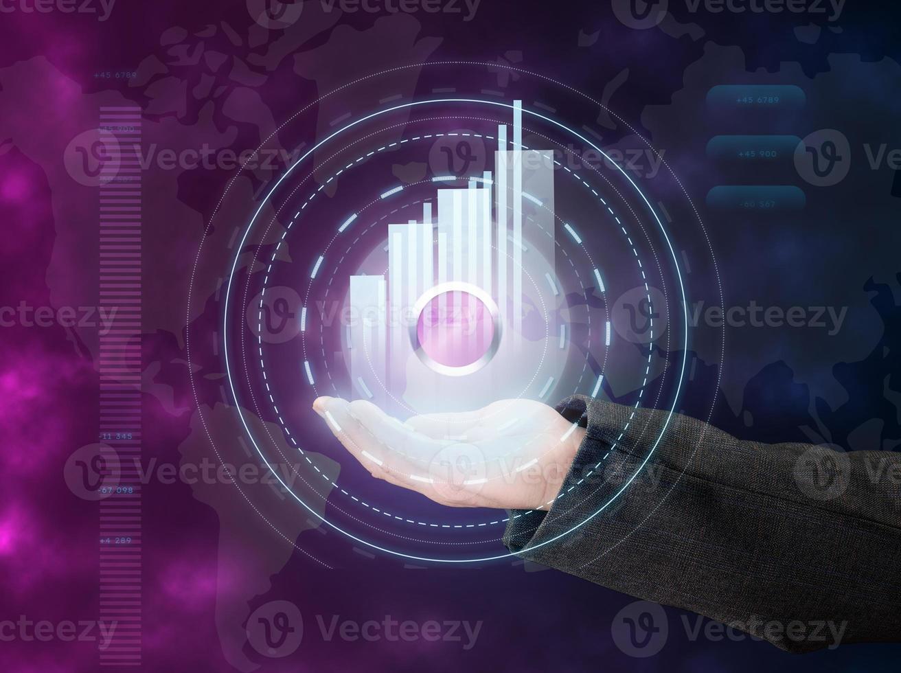 Virtual start button on the holographic screen. Futuristic diagram with a schedule, starting a business and a new life. Running a program with a male hand photo