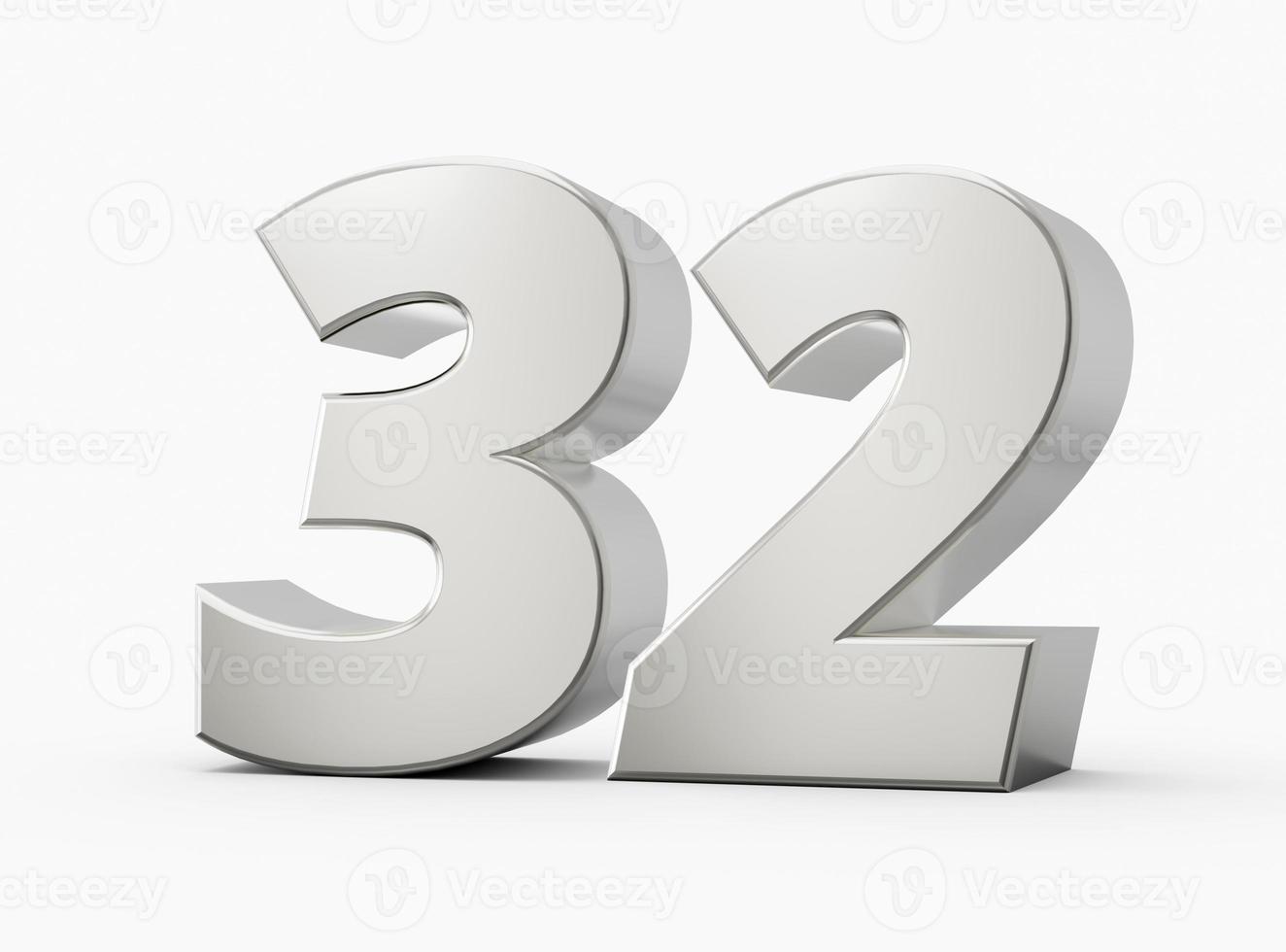 Silver 3d numbers 32 thirty two. Isolated white background 3d illustration photo
