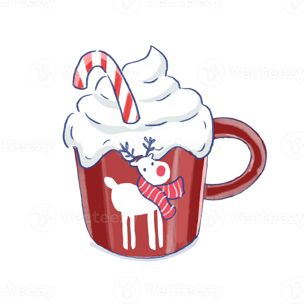 Winter hot chocolate in red reindeer mug with whip cream cartoon png