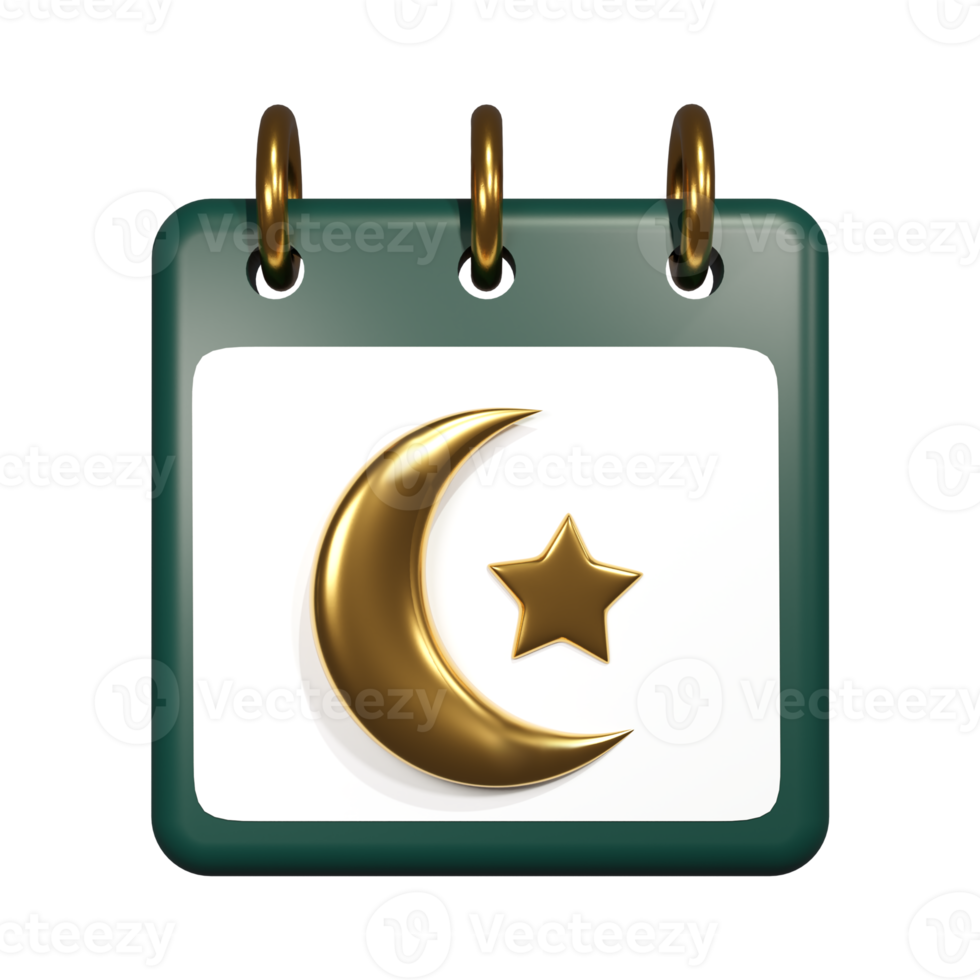 3d render green calendar with gold crescent and star. Ramadan Kareem social media post with moon. Islamic celebration for Fanoos festival png