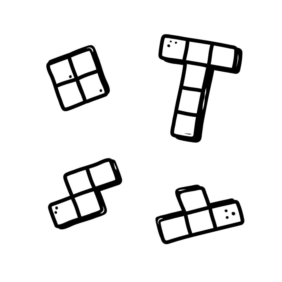 Tetris set hand drawn elements. Retro vibe doodle. Cubes and game shapes. Concept of game tetris. Vector illustration