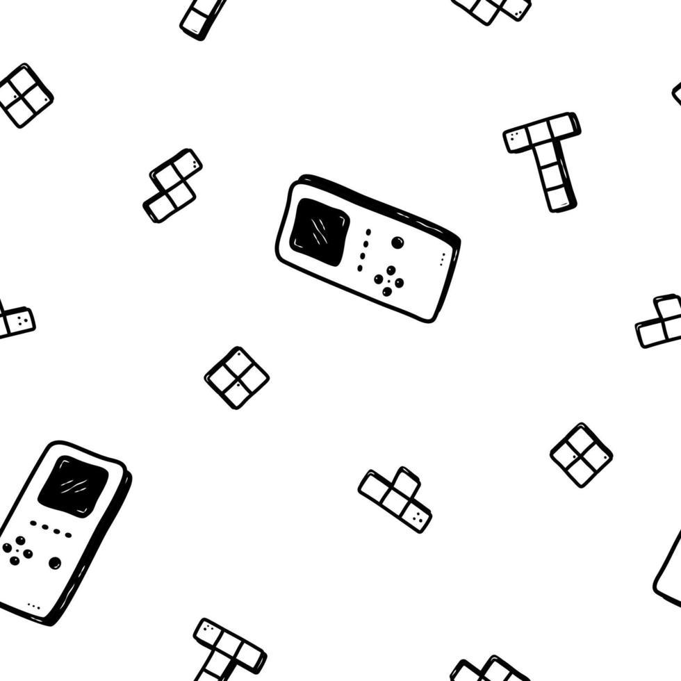 Retro vibe doodle pattern. Tetris hand drawn seamless pattern. Tetris console and elements. Computer retro, arcade play background, wallpaper, pattern. Vector illustration