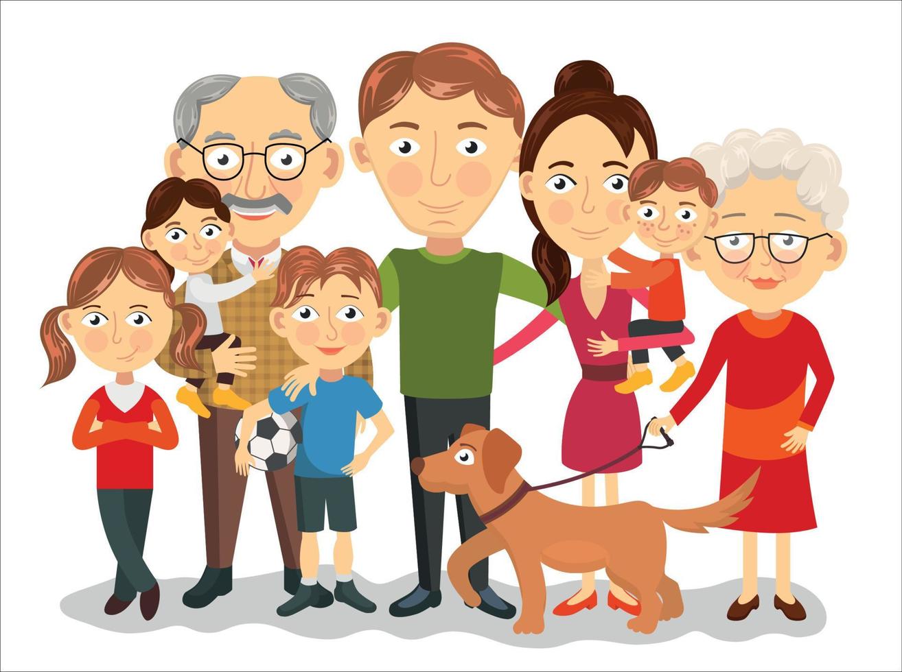 grande y contento familia retrato con niños, padres, abuelos vector ilustración