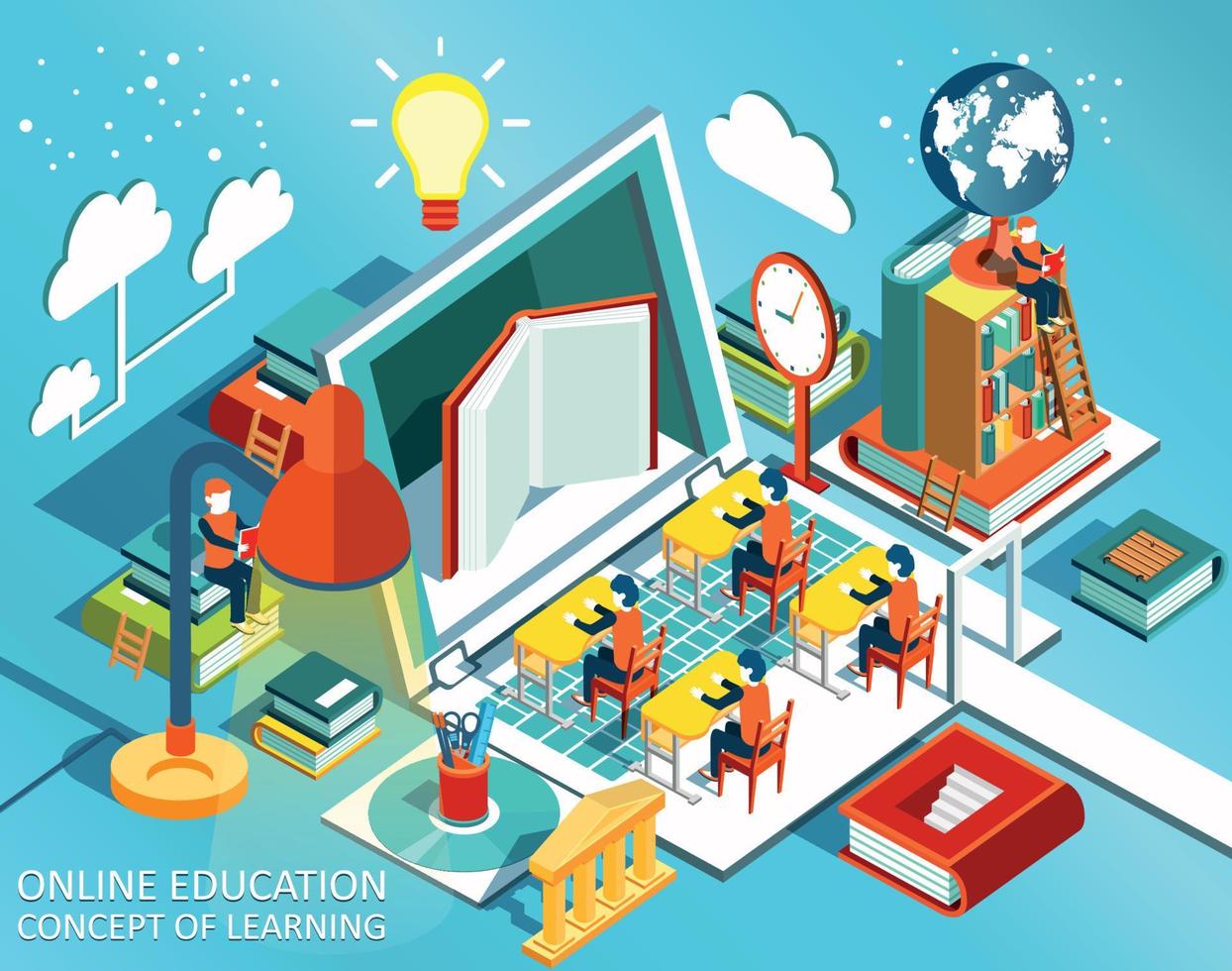 Online education Isometric flat design. The concept of learning and reading books in the library and in the classroom. University studies. Vector illustration