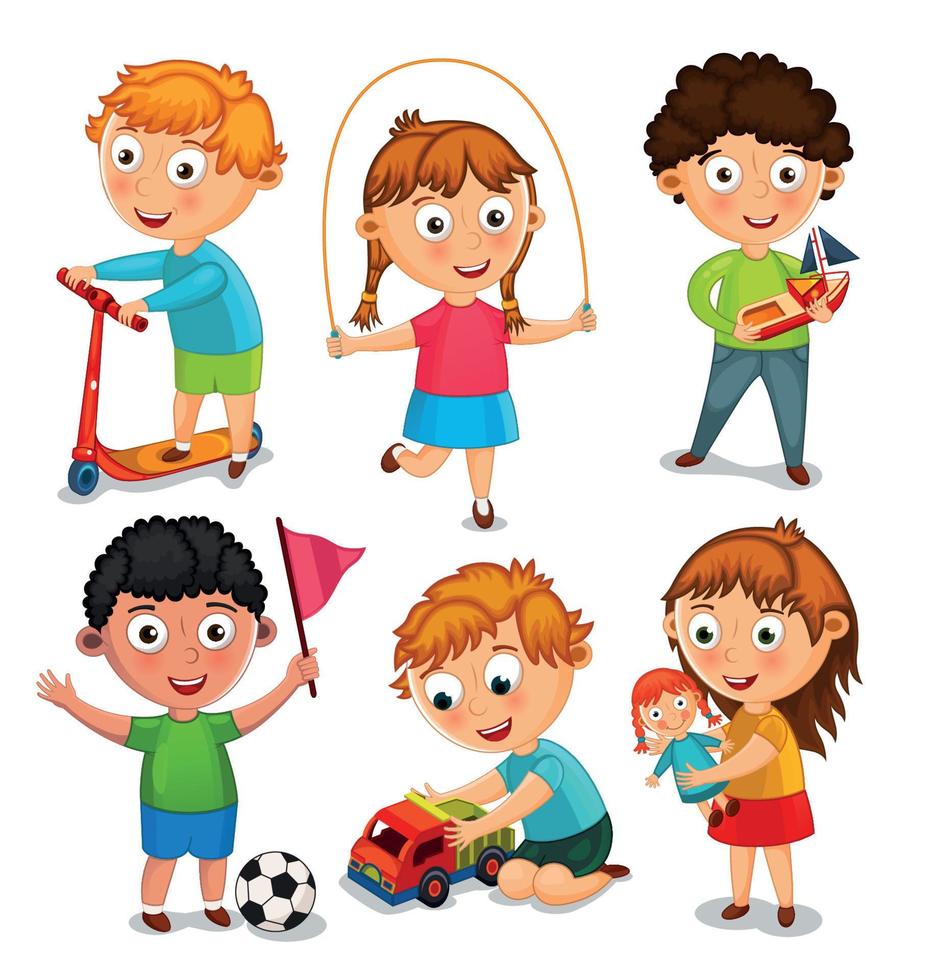 niños son jugando con juguetes Niños son montando un scooter, jugando con un juguete coche y un pelota. muchachas son saltando cuerda y jugando con un muñeca. vector ilustración.