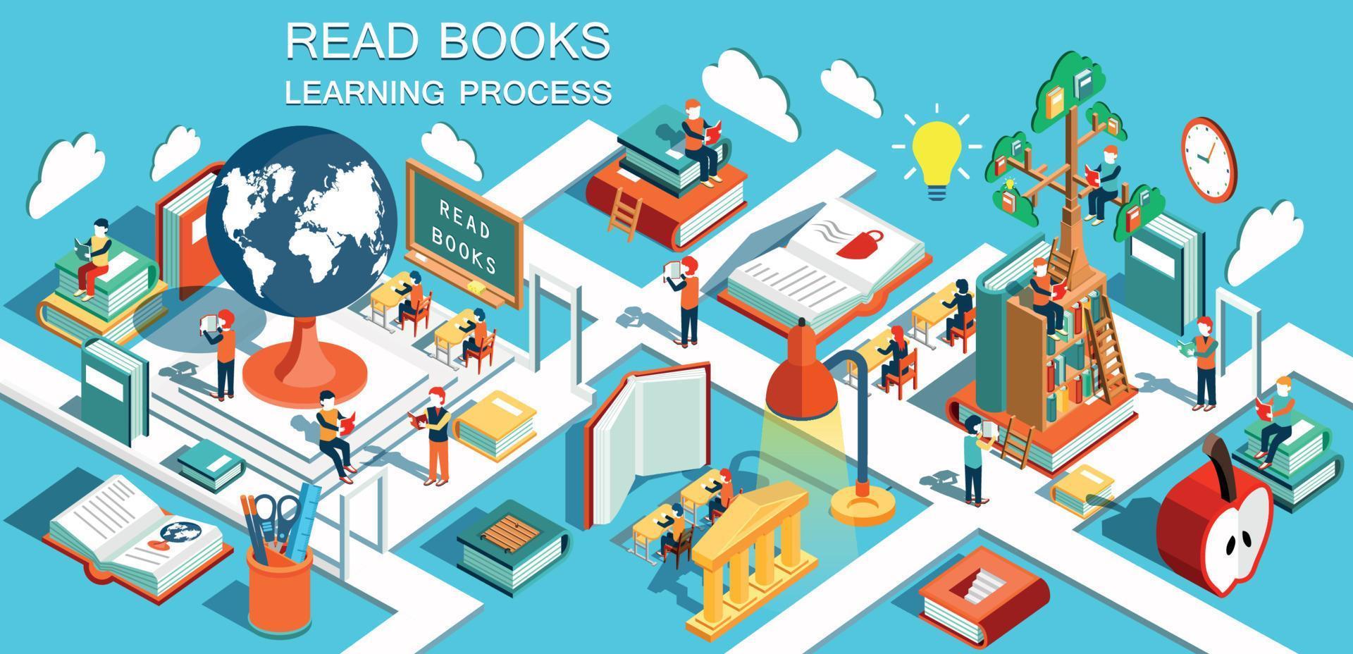 The process of education, the concept of learning and reading books in the library and in the classroom. Online education Isometric flat design. Vector illustration