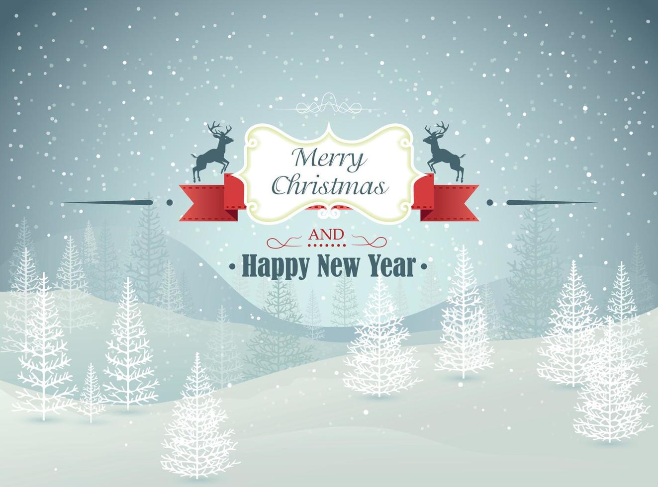 Merry Christmas and Happy New Year forest winter landscape with snowfall  vector illustration