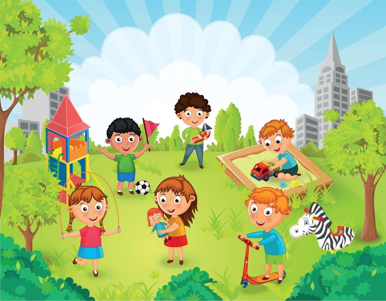 niños jugando en la ilustración de vector de parque