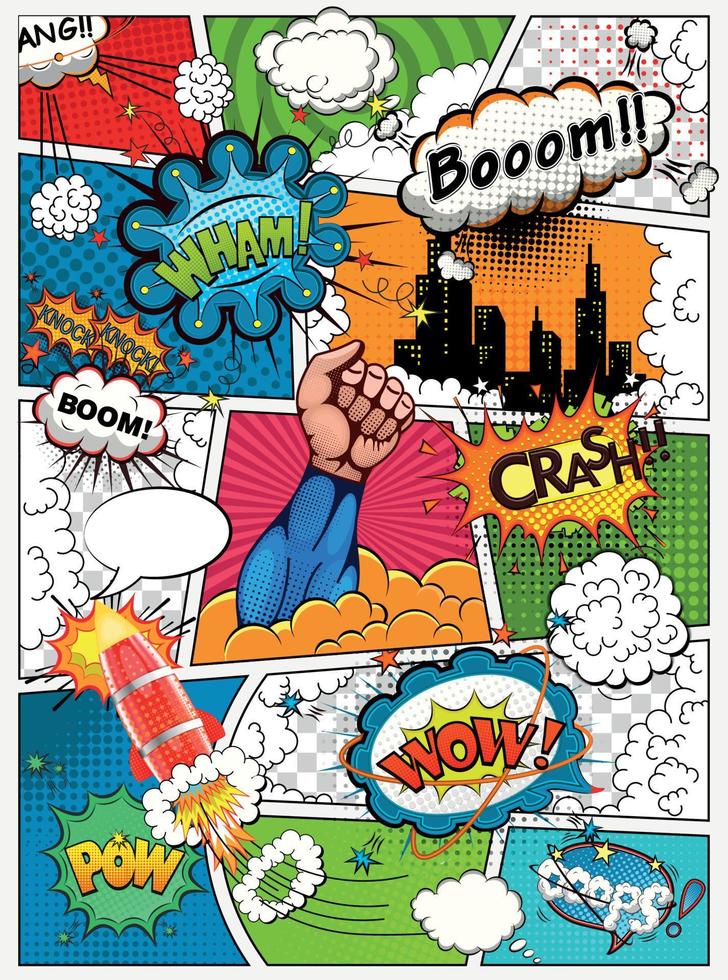 Comic book page divided by lines with speech bubbles, rocket, superhero and sounds effect. Retro background mock-up. Comics template. Vector illustration