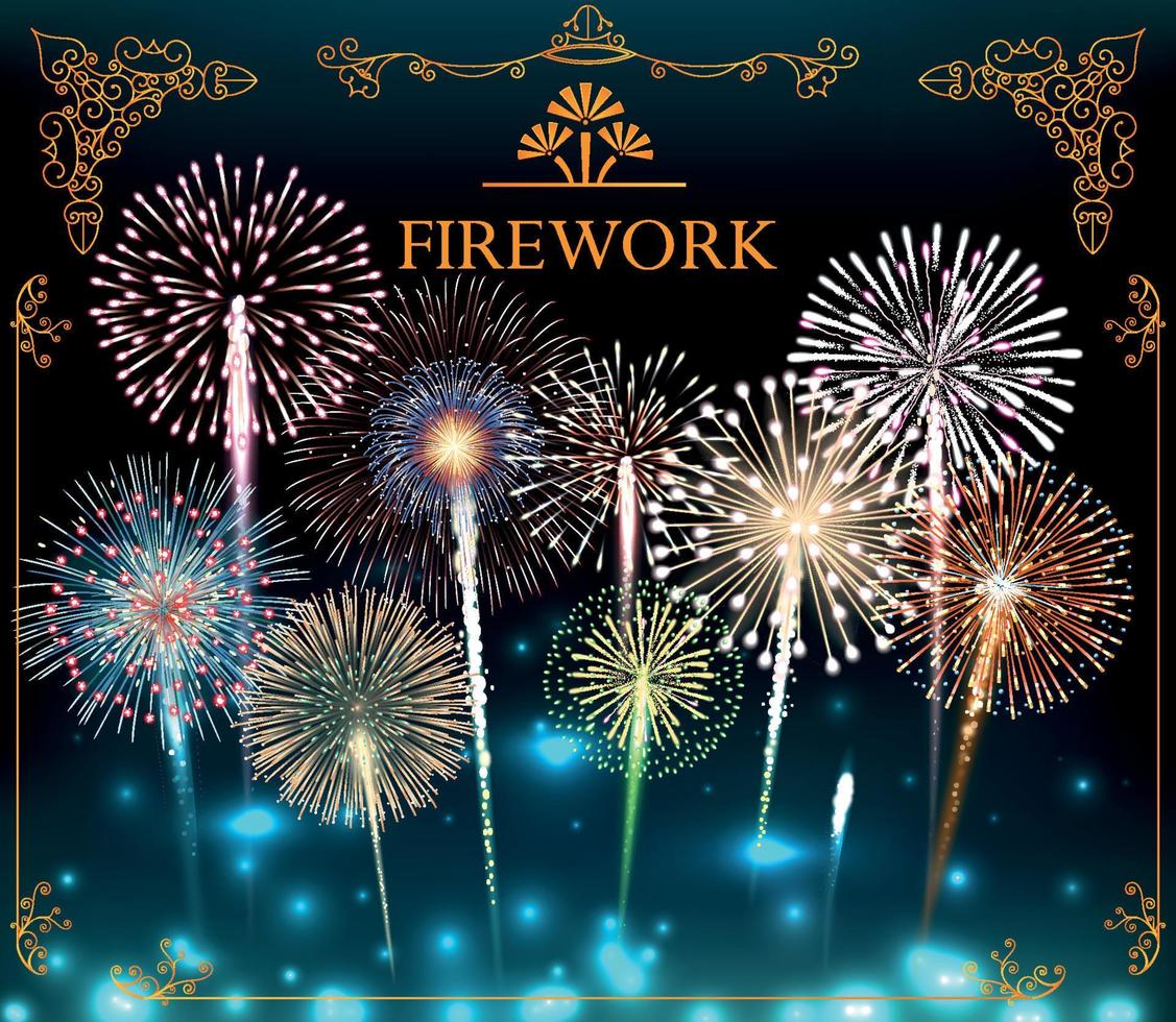 Set of fireworks, festive banner, invitation to a holiday. Vector illustration