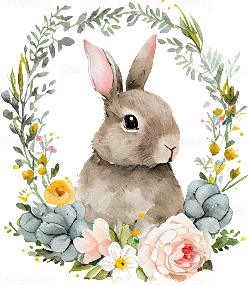 Easter Bunny with flowers watercolor illustration png