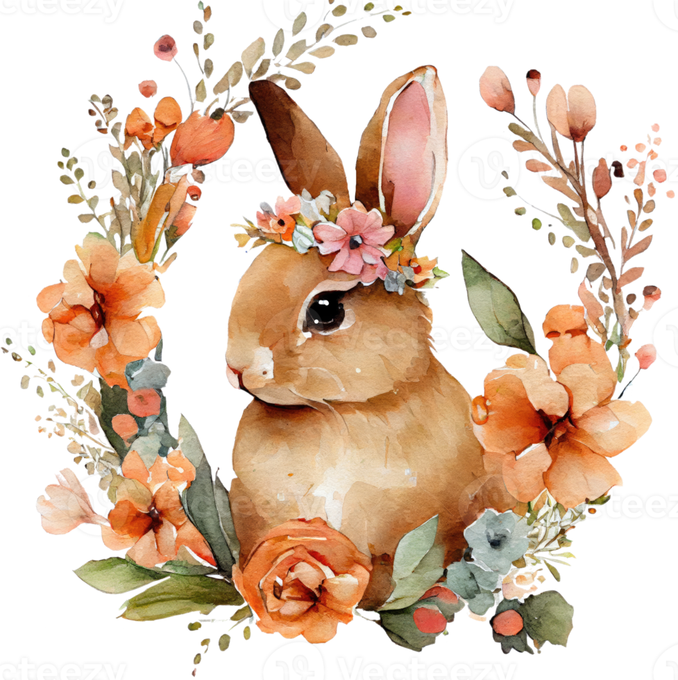 Easter Bunny with flowers watercolor illustration png
