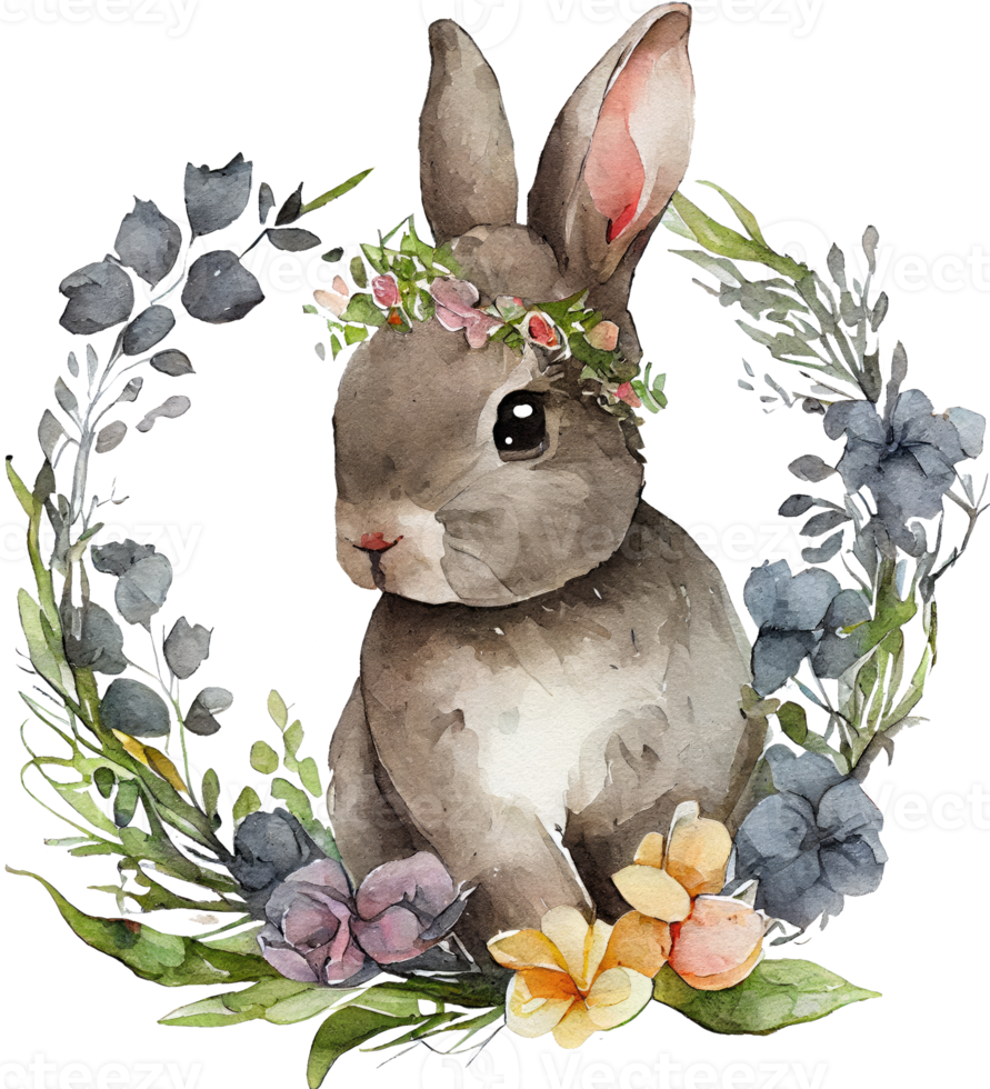 Easter Bunny with flowers watercolor illustration png