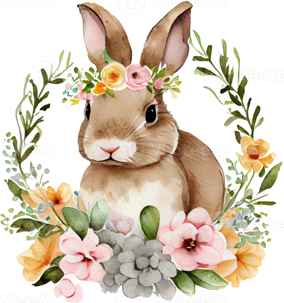 Easter Bunny with flowers watercolor illustration png