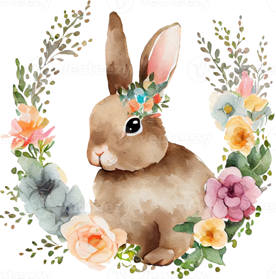 Easter Bunny with flowers watercolor illustration 19900124 PNG