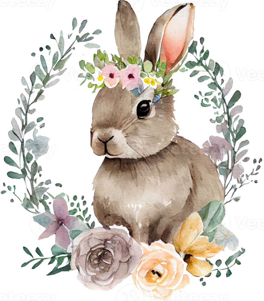 Easter Bunny with flowers watercolor illustration png