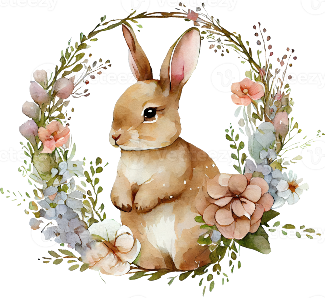 Easter Bunny with flowers watercolor illustration png