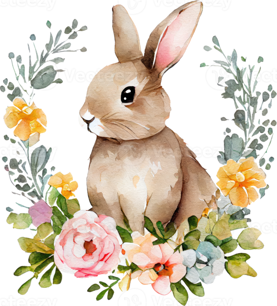 Easter Bunny with flowers watercolor illustration png