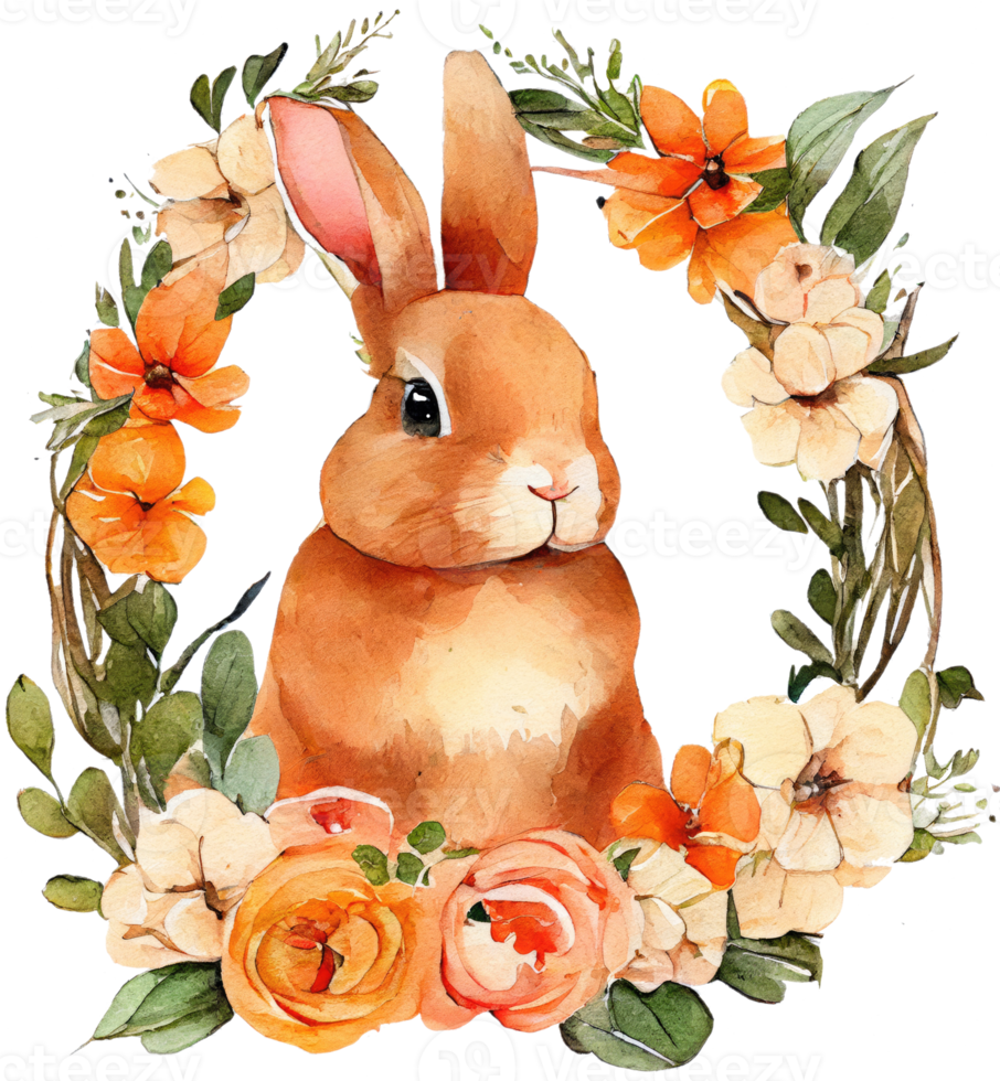 Easter Bunny with flowers watercolor illustration png