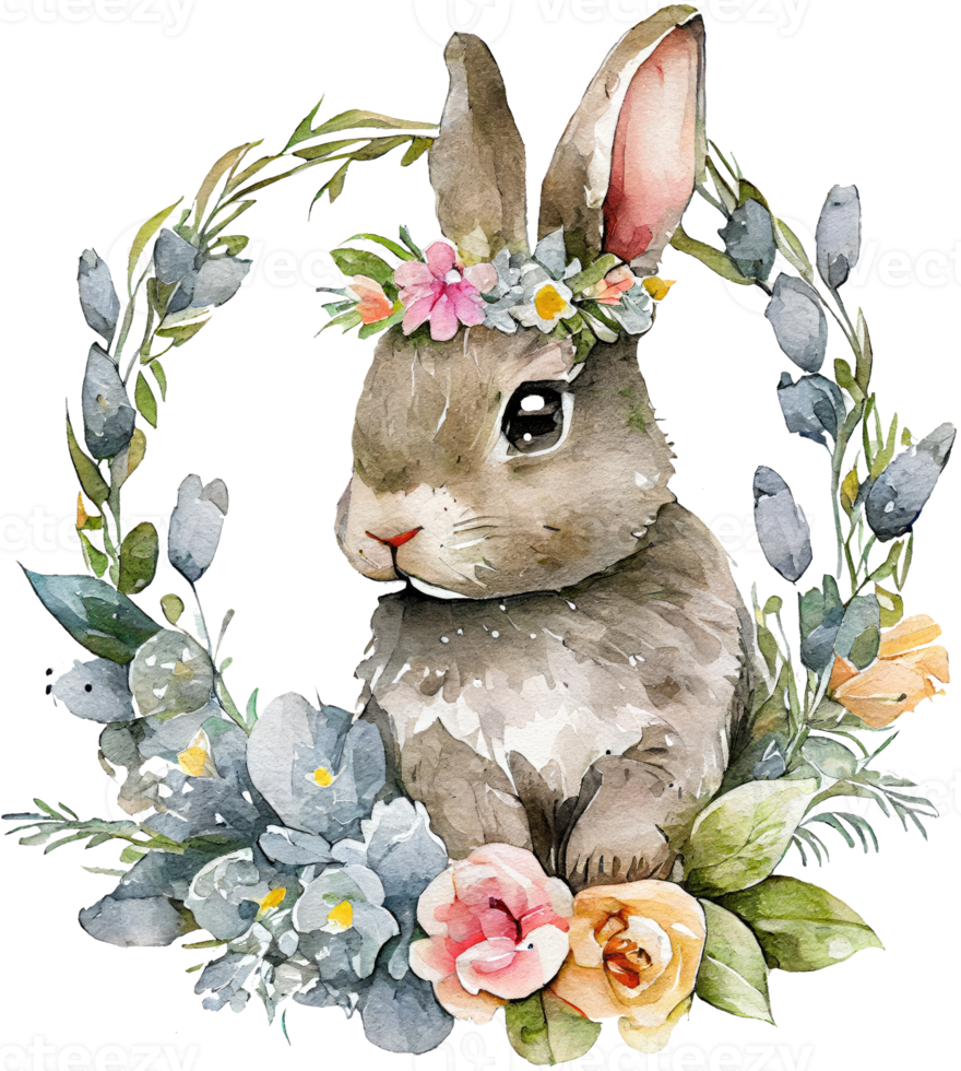 Easter Bunny with flowers watercolor illustration png