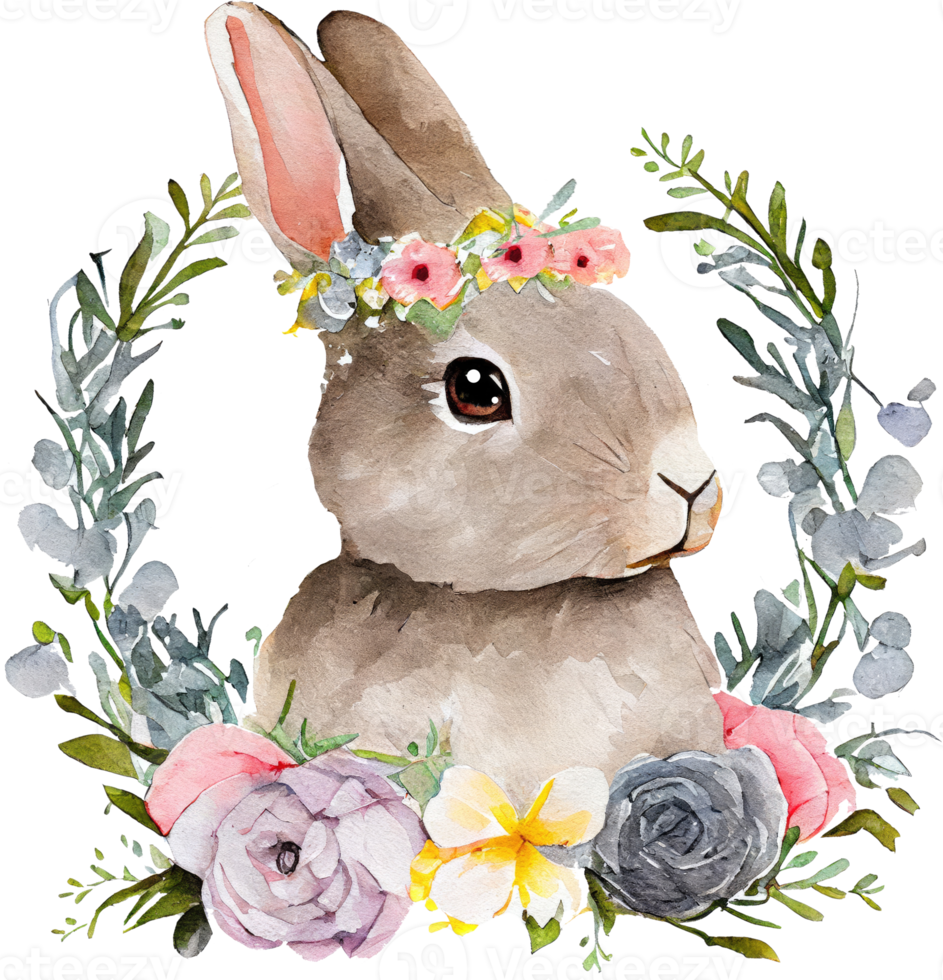 Easter Bunny with flowers watercolor illustration png