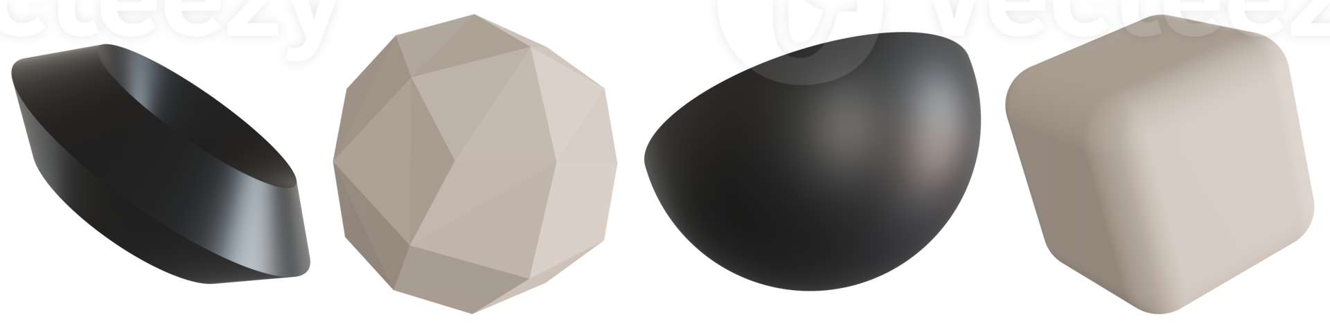 Set of stylish 3d geometric shapes, on transparent background. Black, beige colors. Trendy design elements. Cut out objects. 3D rendering. png