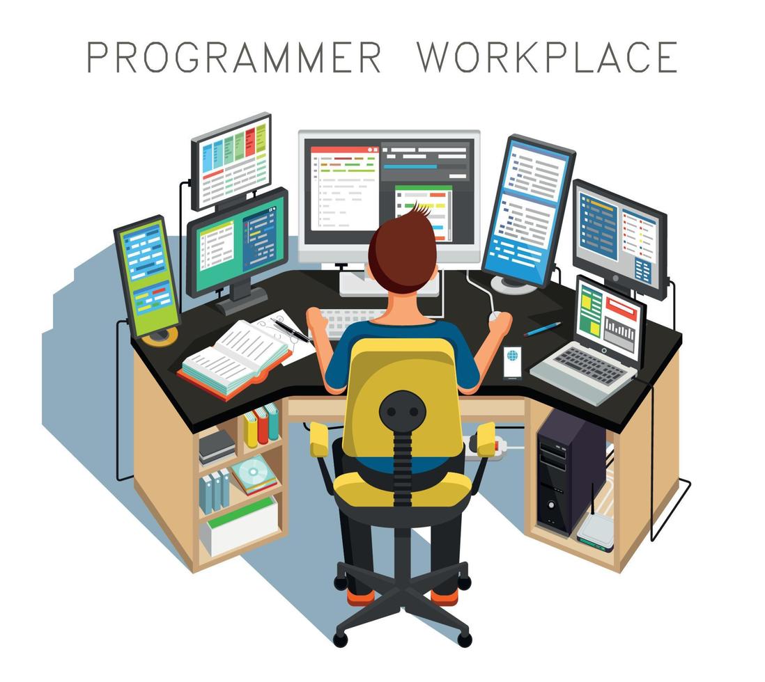 The programmer writes code. Vector illustration