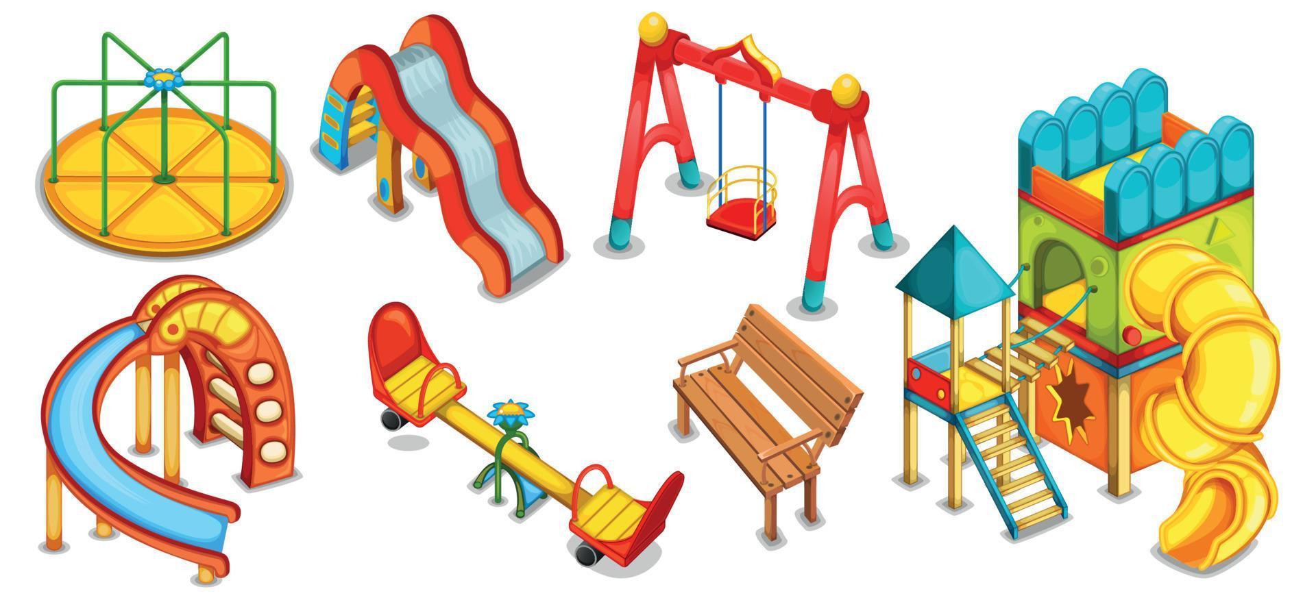 A set of illustrations of the playground. Equipment for playing. Playhouse. Slides, swings and roundabout. vector