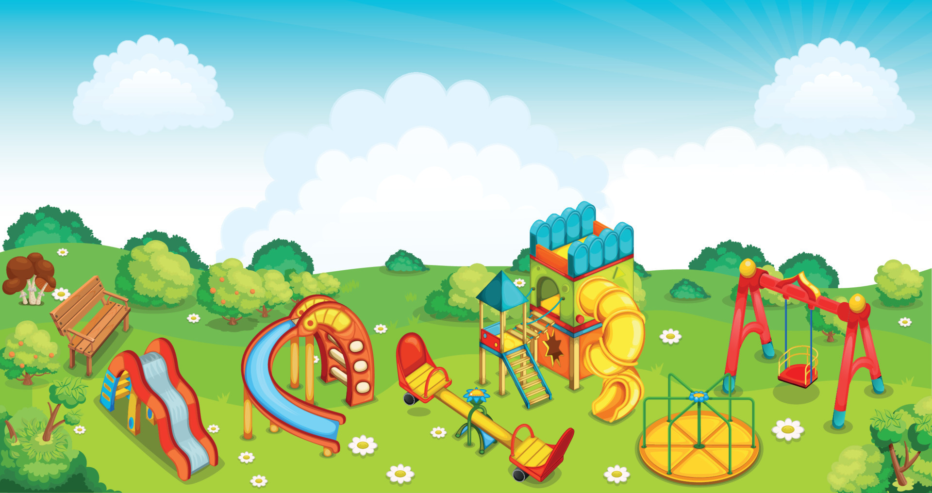 A set of illustrations of the playground. Equipment for playing
