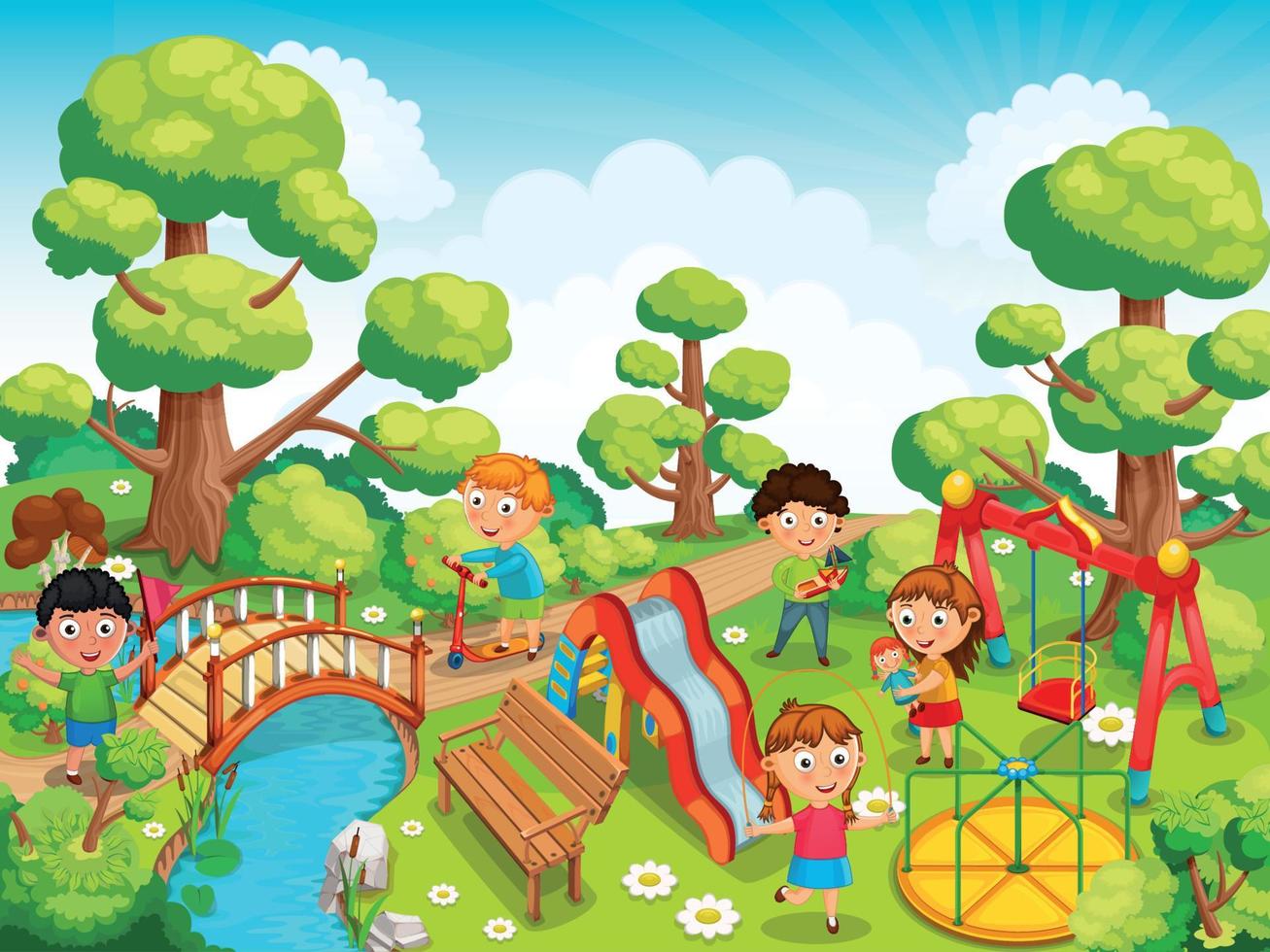 Children are playing with toys on the playground in the park vector. vector